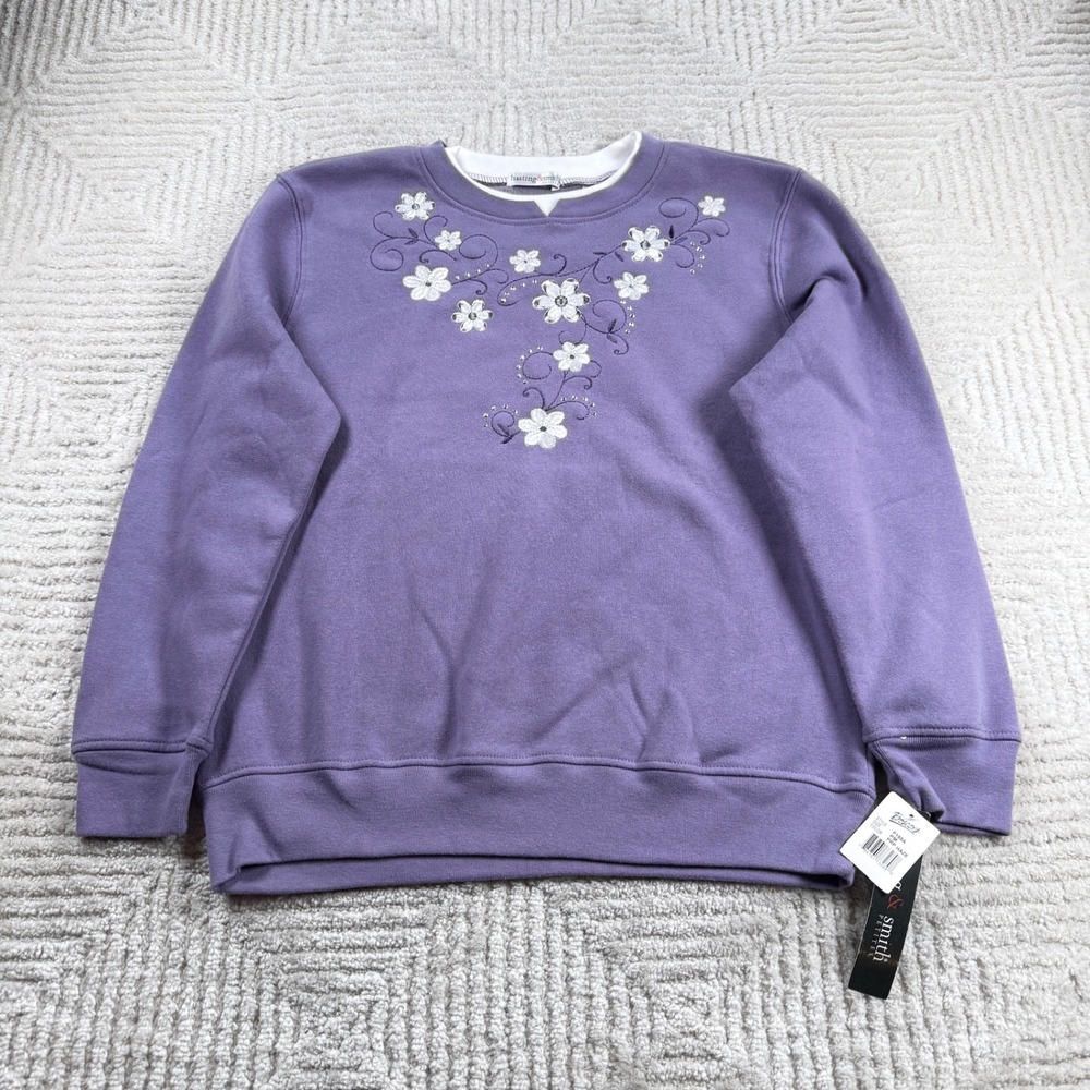 Hasting & Smith Sweatshirt Women's PM Purple Floral Embroidered Grandmacore NWT